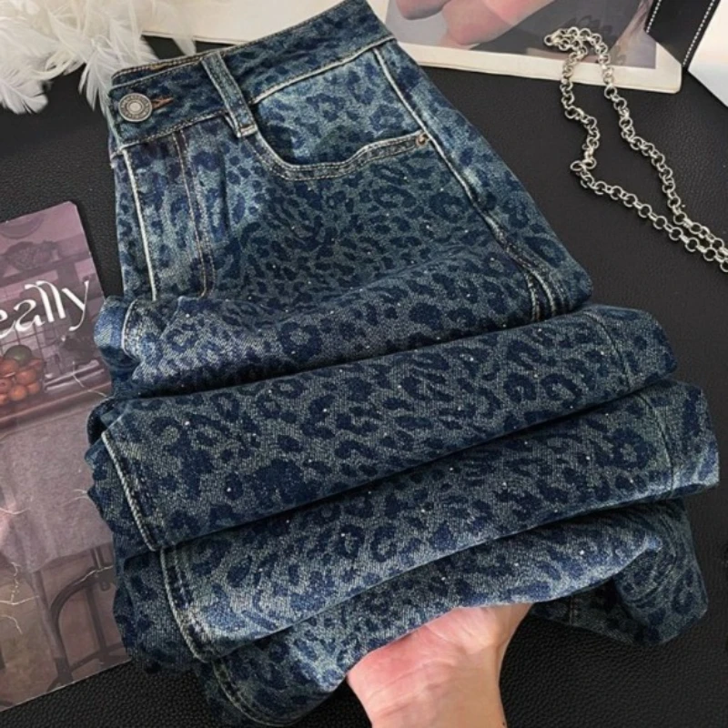 American Retro Leopard Print Jeans Loose and Versatile Trousers Tide Women's New Autumn  Winter Heavy Industry Casual Pants Ins