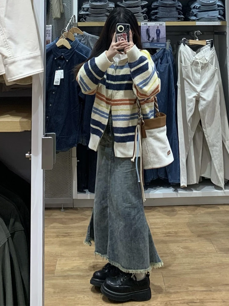 

Юбка-миди трапециевидной формы с высокой талией и дизайном Fi Tail и потертым подолом для женщин, большие размеры, винтажная корейская юбка для поездок на работу