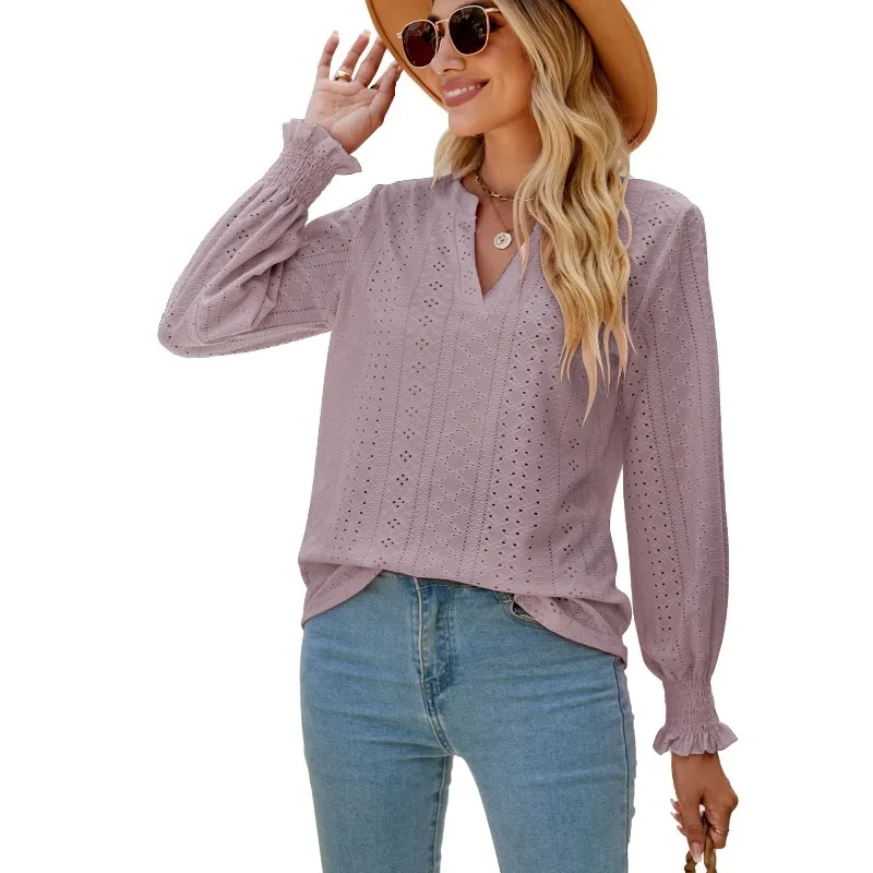Blouse Women's Solid Colour Cut-out Detailing Ruffled Sleeves V-neck Loose Fit Long Sleeves New Comfortable Minimalist Casual
