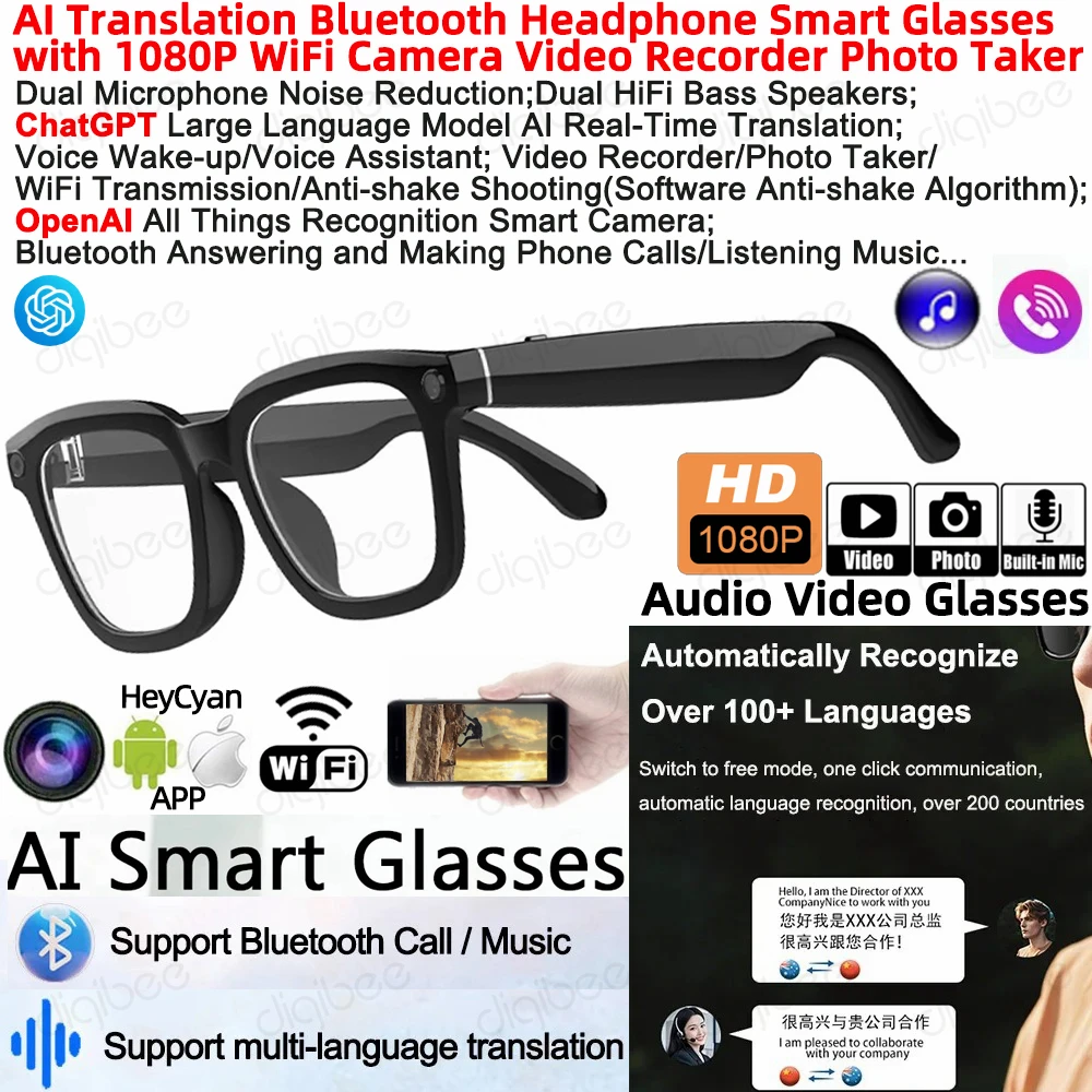 

ChatGPT Translation Ai Smart Glasses 1080P HD Camera WiFi EIS Anti-Shake Video Recorder 32G DV Bluetooth Headset Voice Assistant