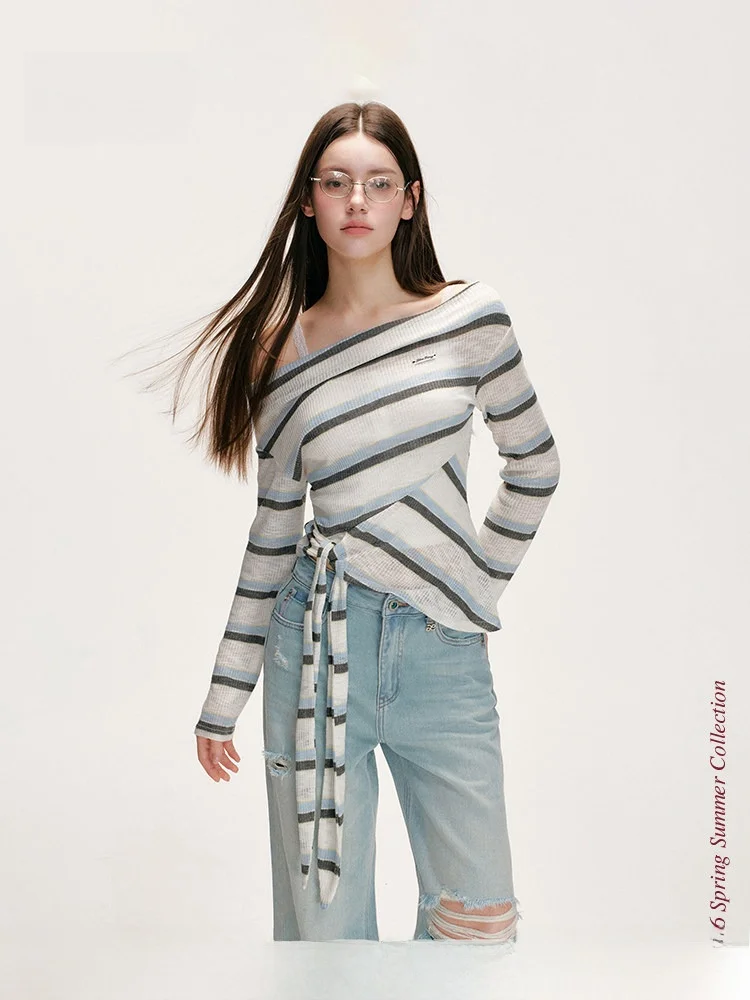 

Liilou Cloud Shirt Long Sleeve Knitted Slim Fit Asymmetrical Tie Dye Shoulder Stripe Girl's Fashion Spring Thin Regular Length