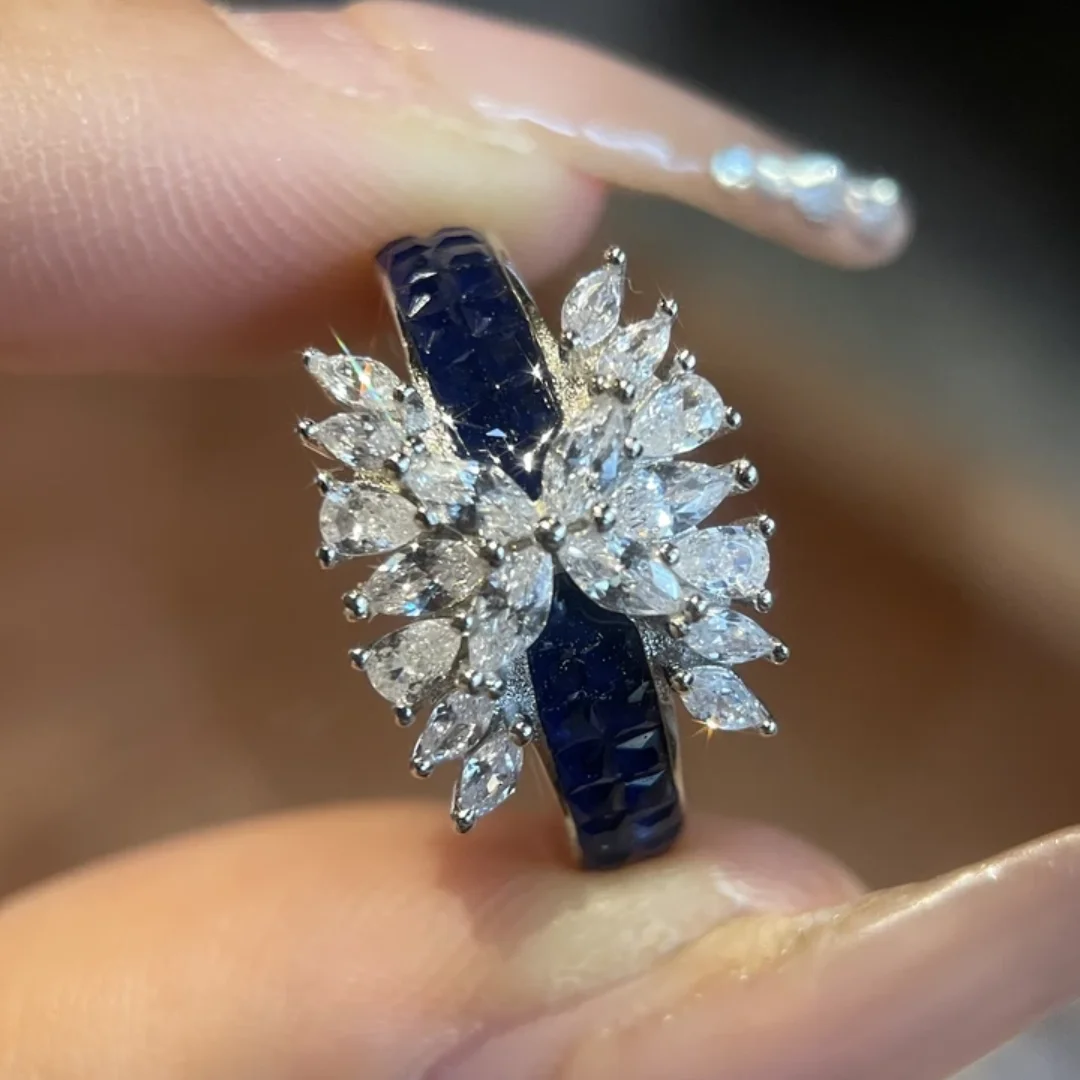

BELLUX 925 Silver Ring Synthetic Zircon Royal Blue Invisible Setting Sapphire Marquise White Diamond Ring