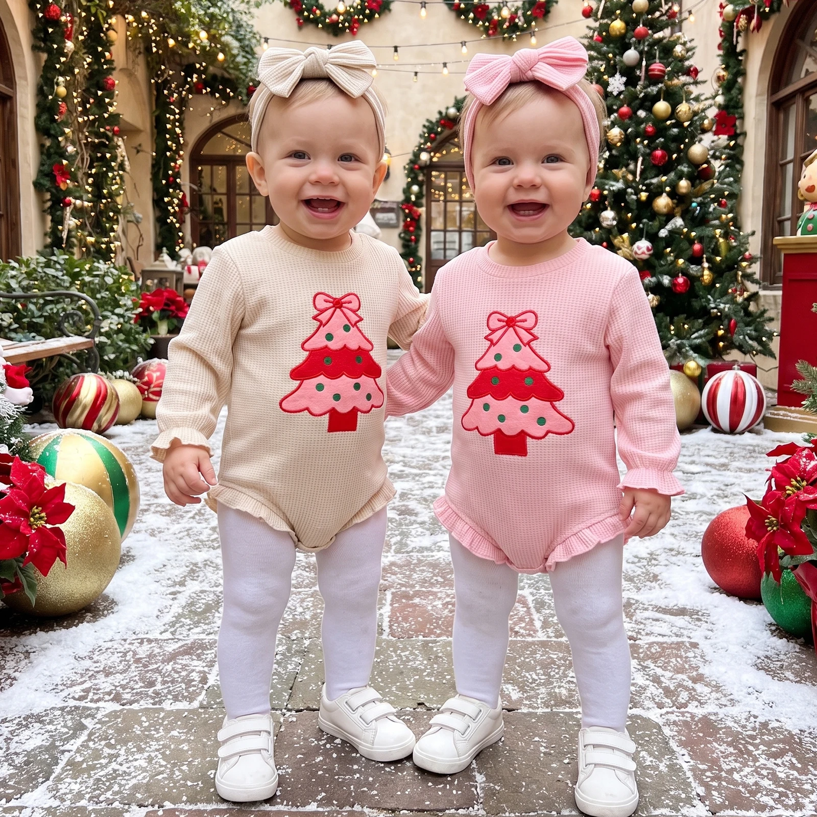 2027 Early Autumn Toddler Baby Girl Christmas Romper Fashion Warmer Tree Embroidery Long Sleeve Ruffle Sweet Jumpsuit