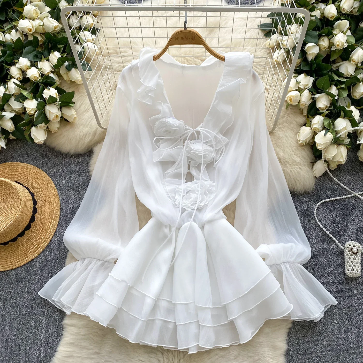 Nuovo abito corto da spiaggia floreale 3D maniche lunghe femminile con lacci volant in chiffon torta vestito estivo abito bohemien vintage sexy trasparente