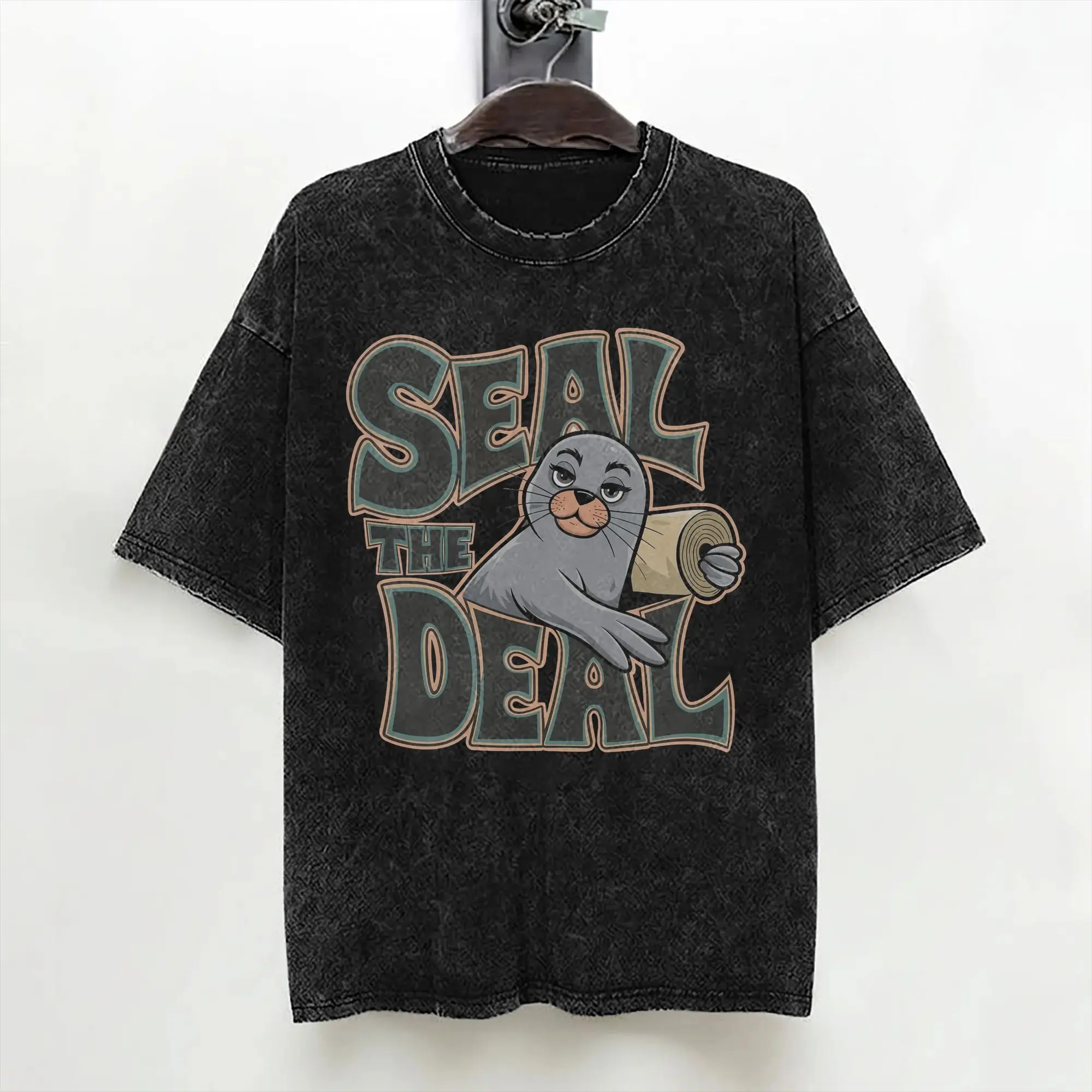 Neil the Seal T Shirts Washed Short Sleeve High Street T-Shirt  Casual for Men Women Streetwear Summer Tees