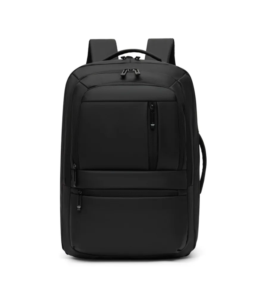 Black triple layered backpack with assorted metal zipper pulls anti splash padded back panel for daily office work storage
