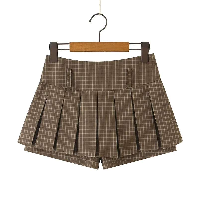 American Retro Plaid Pleated Mini Skirt For Preppy Girls Autumn High Waist A-line Built‑in Shorts Y2K Skirts