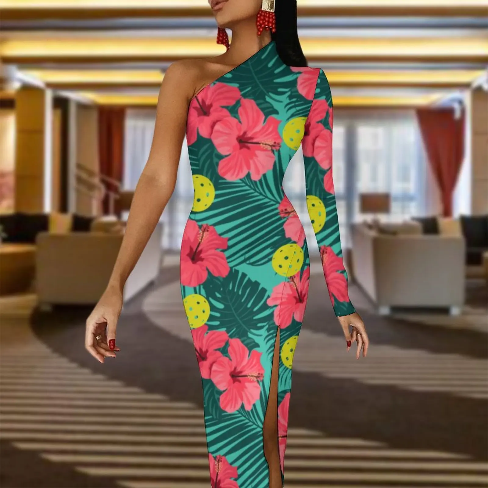 Hibiscus Flower Maxi Dress Long Sleeve Tropical Pickleball Elegant Bodycon Dress Side Split Party Long Dresses Print Clothes