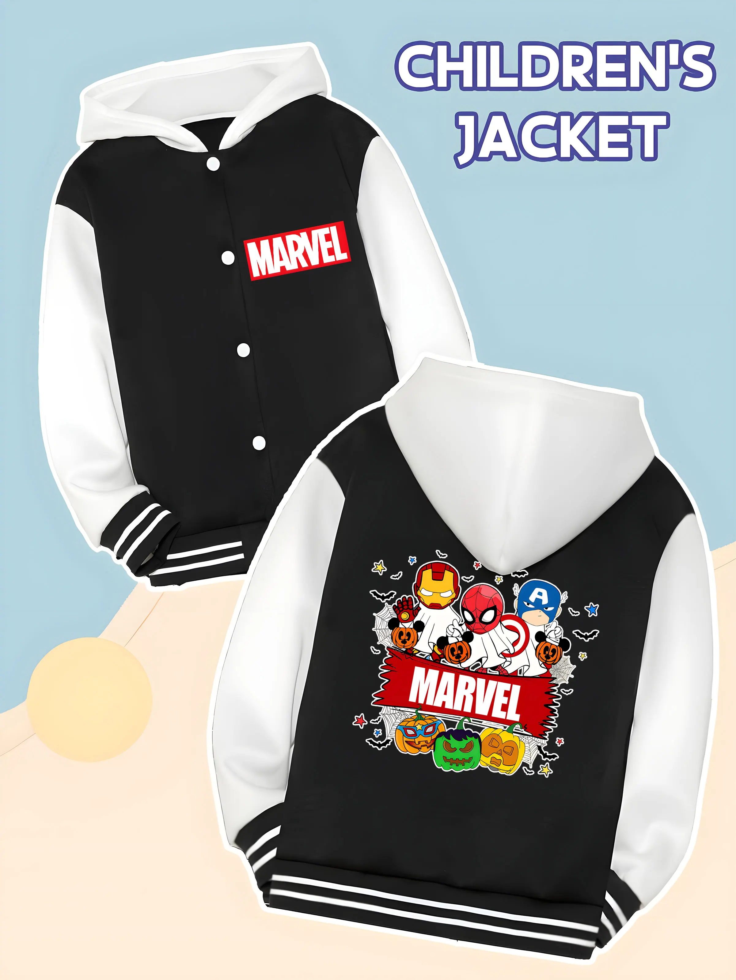 

MINISO Marvel Avengers Halloween Boys Baseball Jacket - Avengers Halloween element print, double-sided creative, warm fabric, su