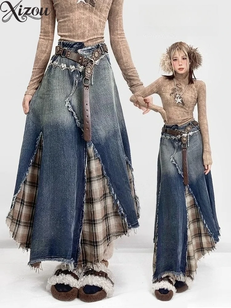 

2025 Women Y2k Retro Denim Skirt Irregular Patchwork Plaid High Waist A-line Gradient Midi Length Spring Streetwear Harajuku Y2k