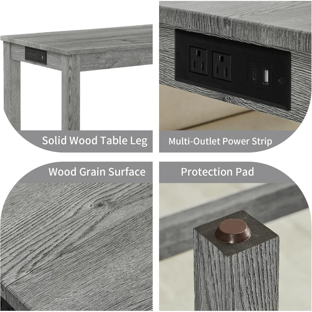 59" Industrial 4 Piece Bar Table Set with Built-in Power Outlet, Behind Couch Sofa Table with 3 Linen Upholstered Stools, Bar Ta