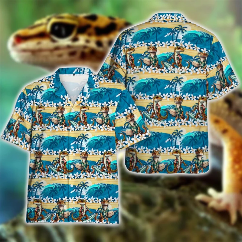 

Cute Gecko Hawaiian Beach Shirt For Men Funny Animal Lizard Lapel Blouse Cabrite Shirts Men Clothes Hip Hop Male Surfing Shirts
