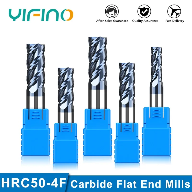 YIFINO 1.0mm-20.0mm Tungsten Steel Carbide Milling Cutter HRC50 4-Flutes 75/100/150mm Length End Mill CNC Machine Milling Tools