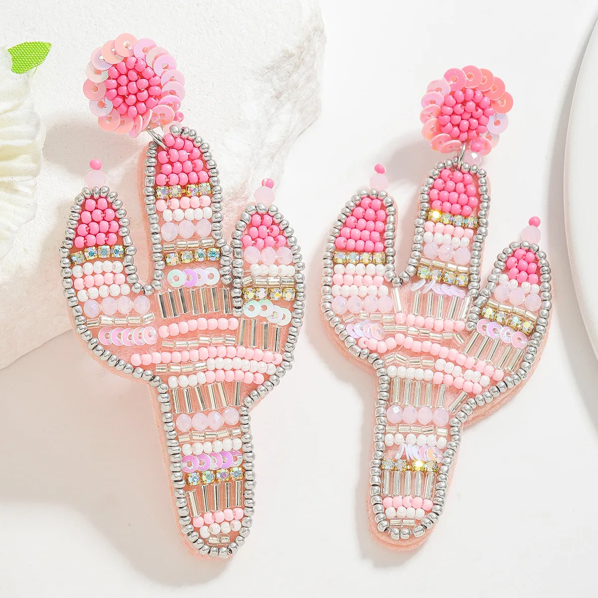 Handmade rice bead earrings, cactus summer wind, various colors, earrings set with diamonds, question mark hook design is fresh