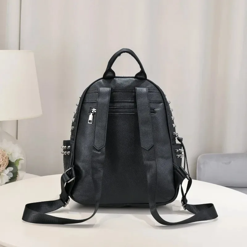 Punk Style PU Leather Bag Fashion Rivet Travel Goth Skull Embossed Backpack for Women Studded Decor Daypack