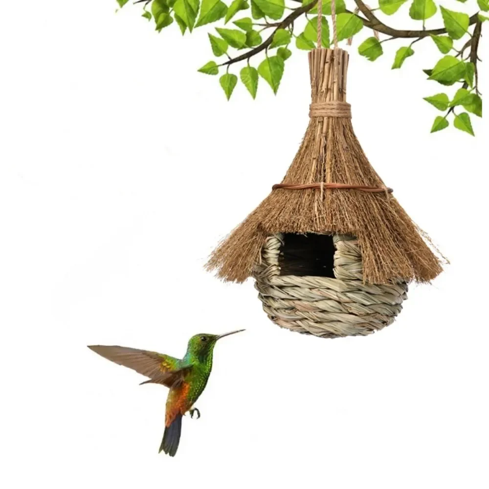 Hanging Bird House Hand-Woven Grass House Shape Bird Nest Garden Patio Bird Resting Place Bird Cage Supplies