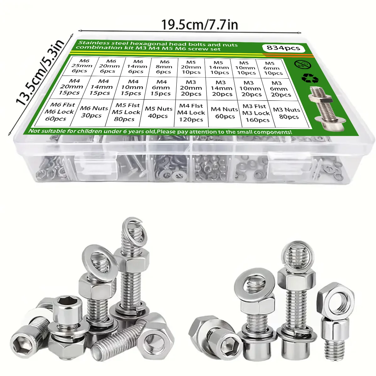 834pcs M3 M4 M5 M6 Stainless Steel Hex Bolts, Screws, Nuts, Washers, and Spring Washers Set; DIY Tool Set