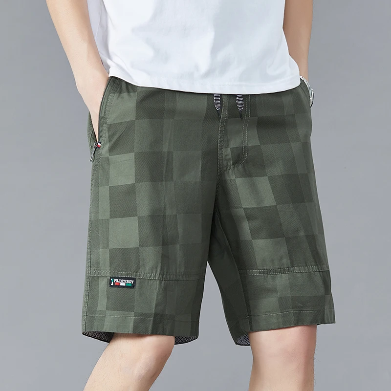 Calções de elástico de cintura alta masculino, moletom com cordão, cordão, xadrez, zíper, casual, reto, bolsos, verão