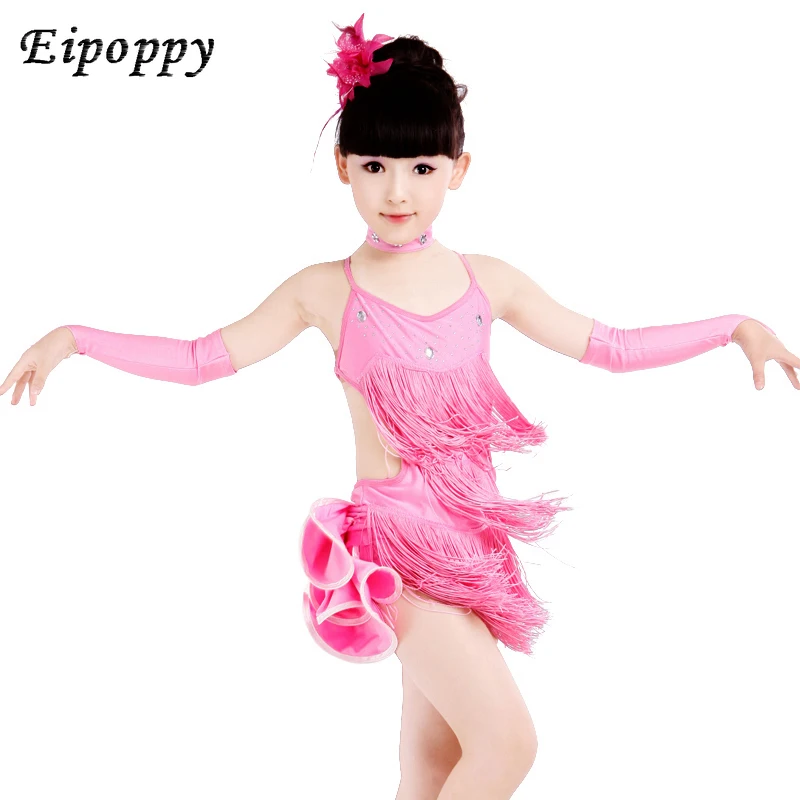 Latin Dance Girls Tassel Sequins Practice Skirt Children Dance Performance Clothing