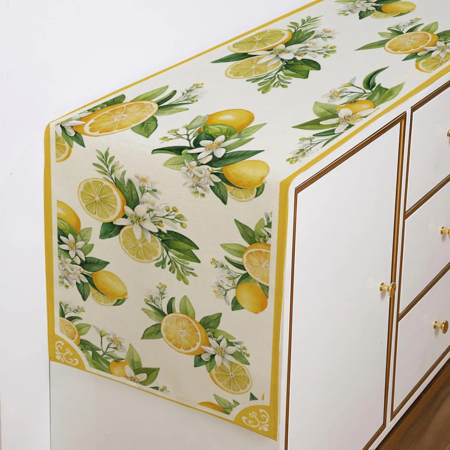 Lemon Blossom Table Runner - 1PC Spring Summer Watercolor Citrus Fruit Indoor Outdoor Kitchen Dining Cover