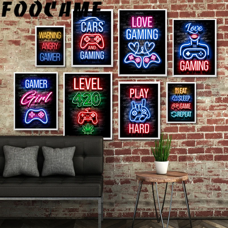 Neon Gamepad Game Zone Poster Canvas Painting Art Print Home Gamer Slogan Retro Gaming Decorative Wall Pictures for Room