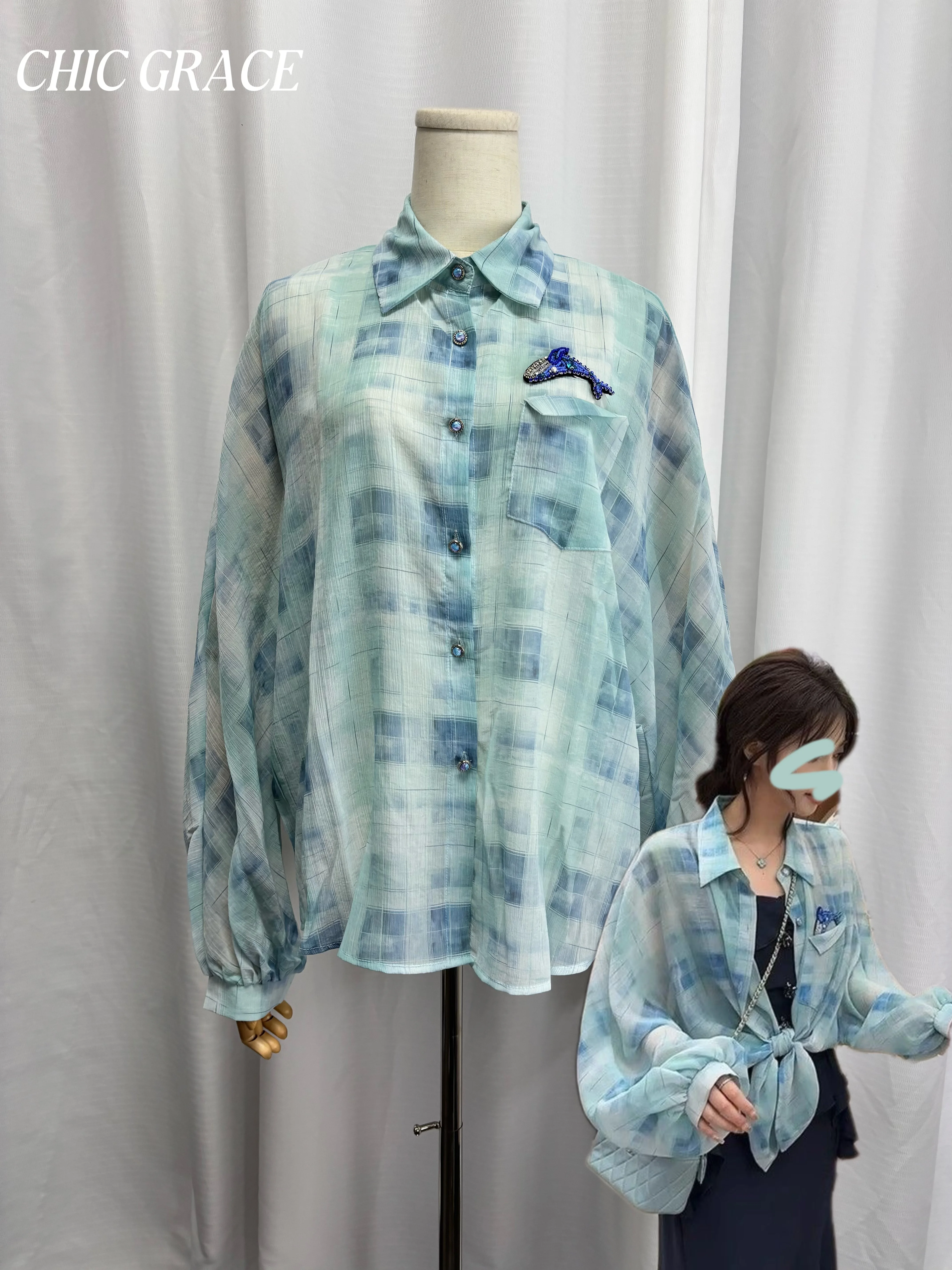 

Real shot 2025 New Women's Gradient Sky Blue Plaid Shirt Chiffon Loose Casual Top Fashion Trendy Outfit For Daily & Picnic Style