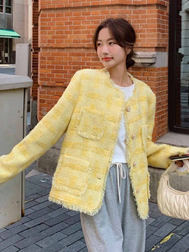 

New casual luxury high-end tassel fashion short jacket top women's yellowish cream color spring outerwear elegant style