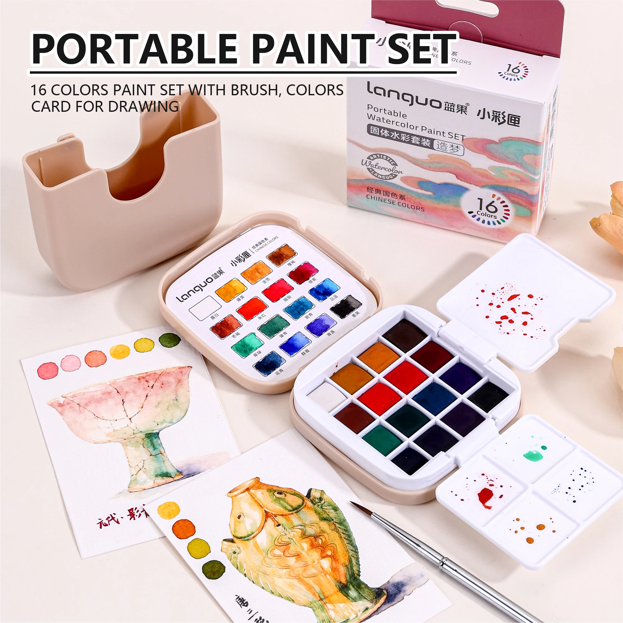 16 Colors Mini Portable Solid Watercolor Paint Set with Brush & Palette Travel Sketching Painting Box for Art Drawing Sketching