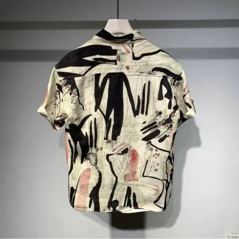 2024 New Trendy and Personalized Korean Version Fashionable Lapel Graffiti Print Loose Casual and Versatile Short Sleeved Shirt