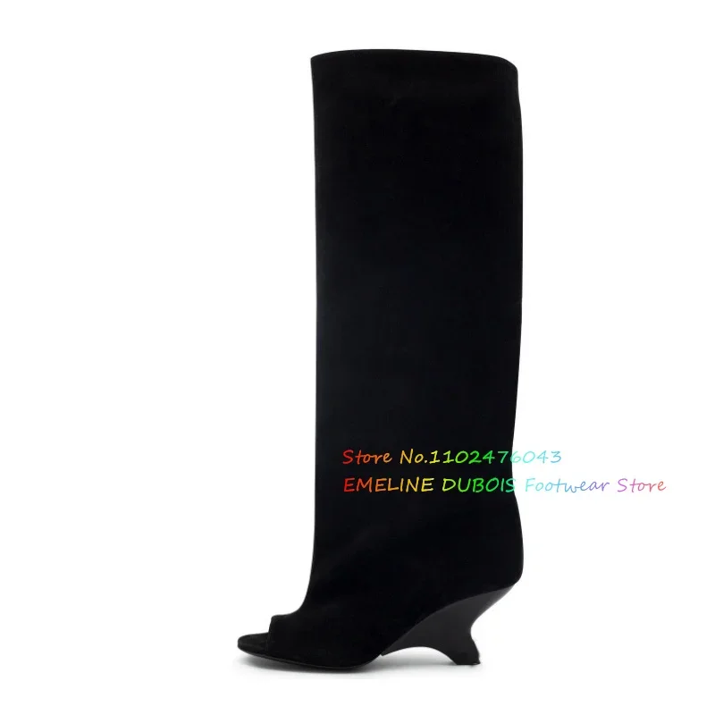 Fish Mouth Strange Heel Knee High Boot for Women Beige Suede High Heel Slip On Comfort Banquet Party Dress 2024 Winter Boot