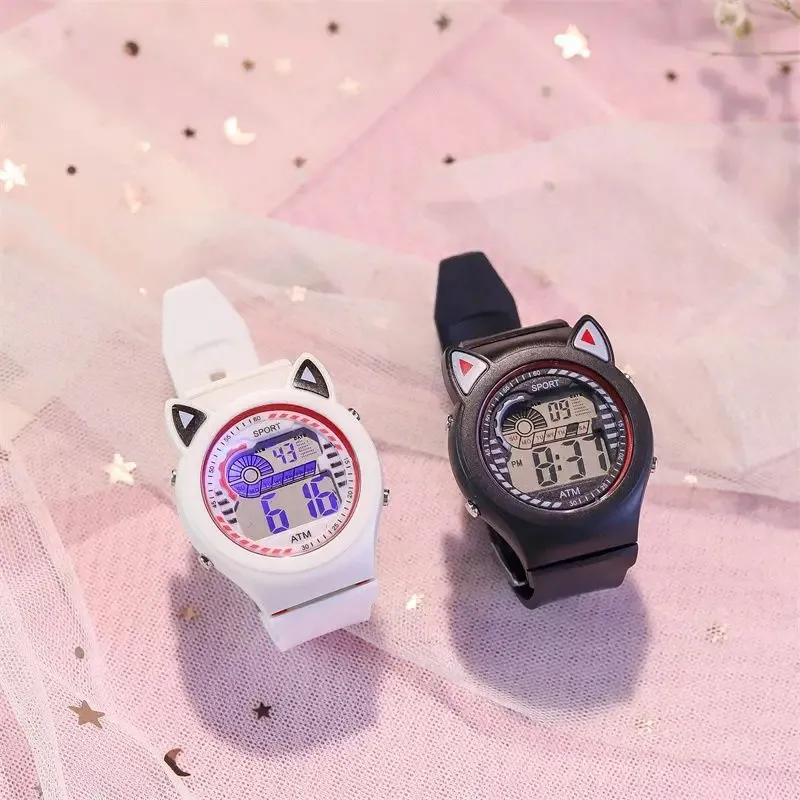 Jam tangan silikon anak perempuan cantik Dial telinga kucing elektronik LED jam tangan anak-anak kartun Jepang jam tangan tahan air ulang tahun