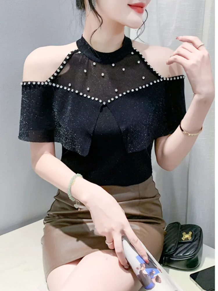 #5734 Black Purple Rose Red Mesh Off Shoulder T Shirt Women Round Neck Split Joint Ruffles Short Tshirt Thin Tee Shirt Elastic