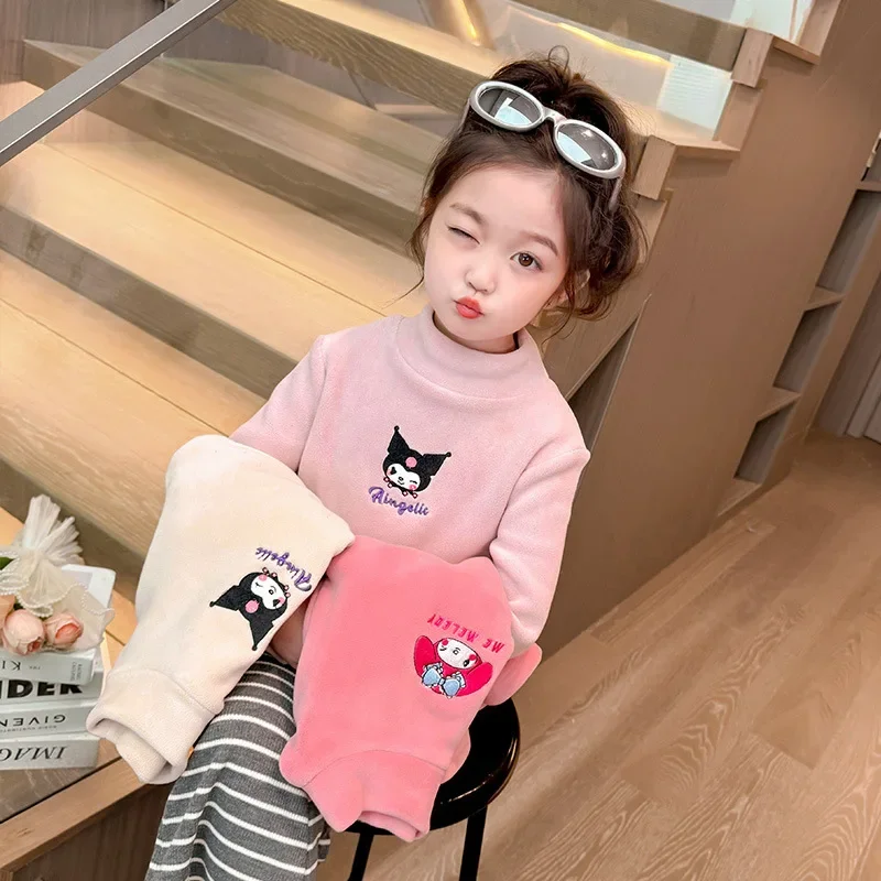 Kawaii Kuromi Kids Autumn Thicken Undershirts Sanrio Anime Girls Clothes My Melody Cute Fashion  Winter Long-sleeves warm Tops