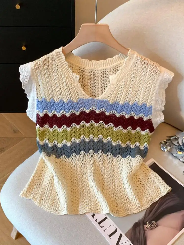 

Французский женский бежевый коричневый лоскутный тонкий пуловер без рукавов, жилет, одежда, лето 2025 г., вязаные топы на бретелях с v-образным вырезом, модные