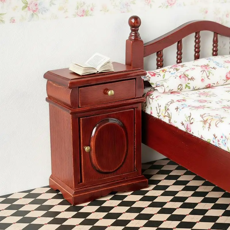 // 1Pcs Simulation Redwood Bedside Cabinet Model Dollhouse Miniature Storage Cabinet Furniture Living Room Decor Toy