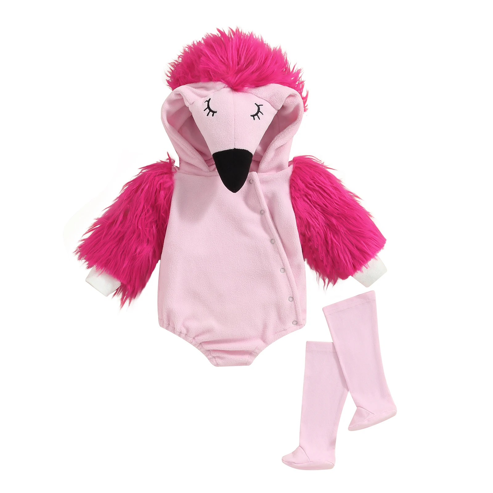 

2024 Creative Baby Boys Hooded Long Sleeve Jumpsuit Fashion Toddler Girls Casual Flamingo Fuzzy Costume with Leg Warmers Socks