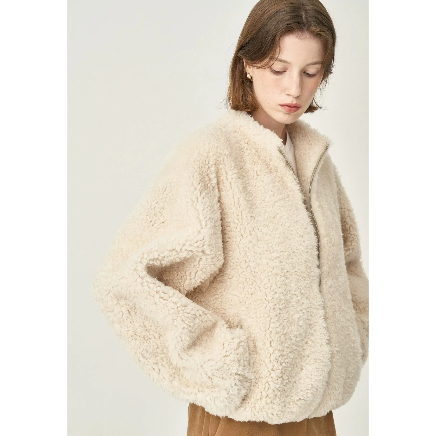 تخفيف بسيط لجبنة الليمون ort Jaet من الجلد والفراء المتكامل فضفاض مناسب بياقة واقفة ملابس خارجية للخريف للنساء #4