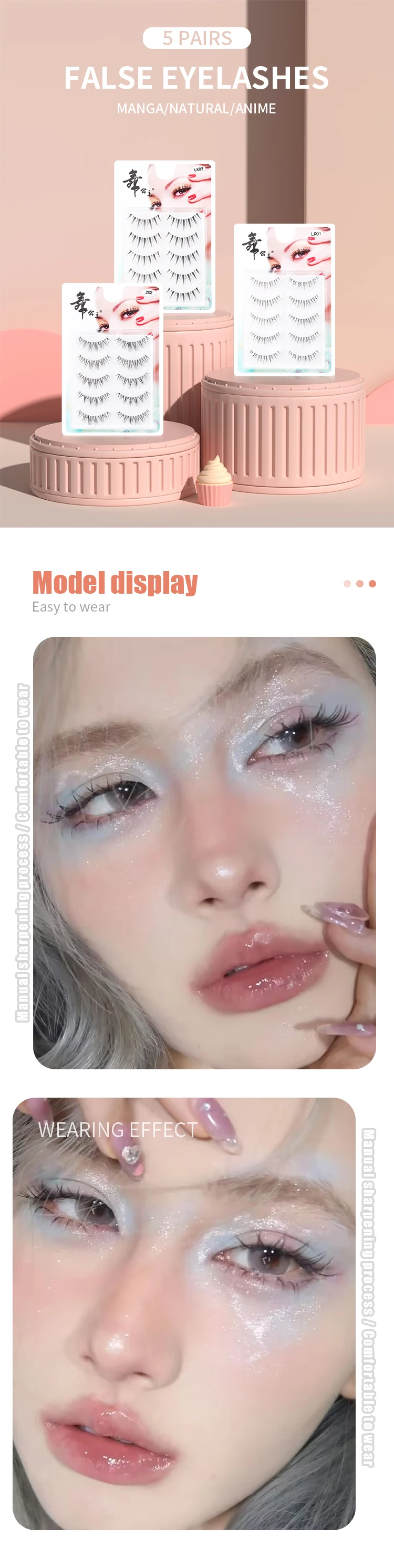 5 Paar Anime-Wimpern mit transparentem Stiel, unsichtbare Manga-Wimpern, natürliche falsche Wimpern für Make-up – Detail 1