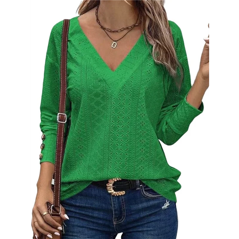 

AOAO-Women's Tops Dressy Casual V Neck Long Sleeve Buttons Hollow Out Lace Embroidered Blouses Shirts