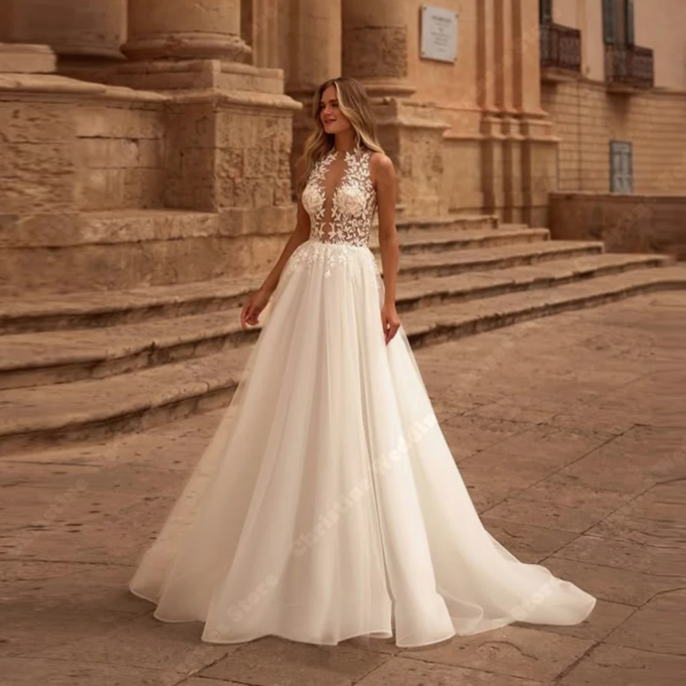 홀터넥 칼라 A라인 웨딩드레스 섹시한 민소매 튤 백리스 웨딩드레스 약혼 연회 드레스 맞춤 제작