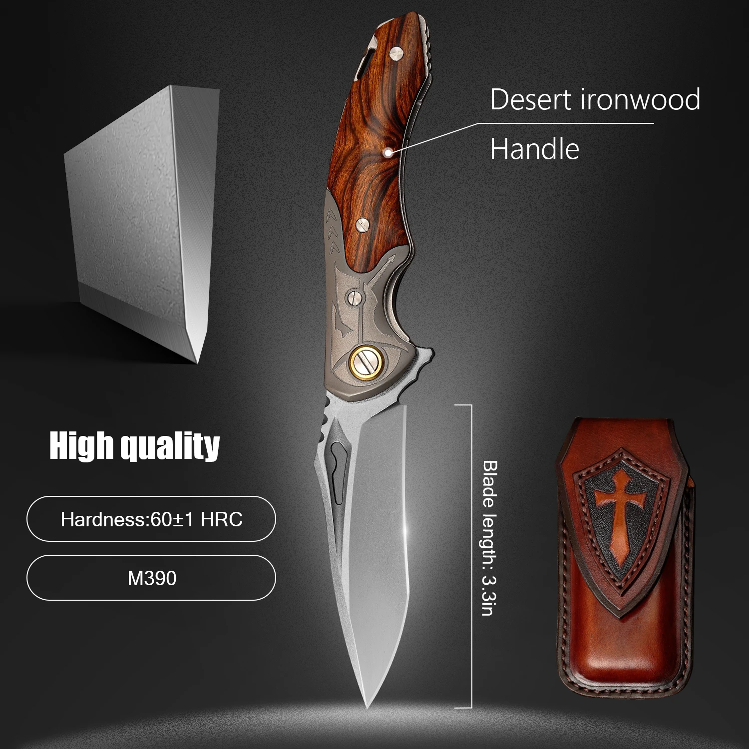 NEWOOTZ High Quality M390 Steel Desert Iron Wood Folding Knife Camping and Climbing EDC Portable Sharp Folding Knife