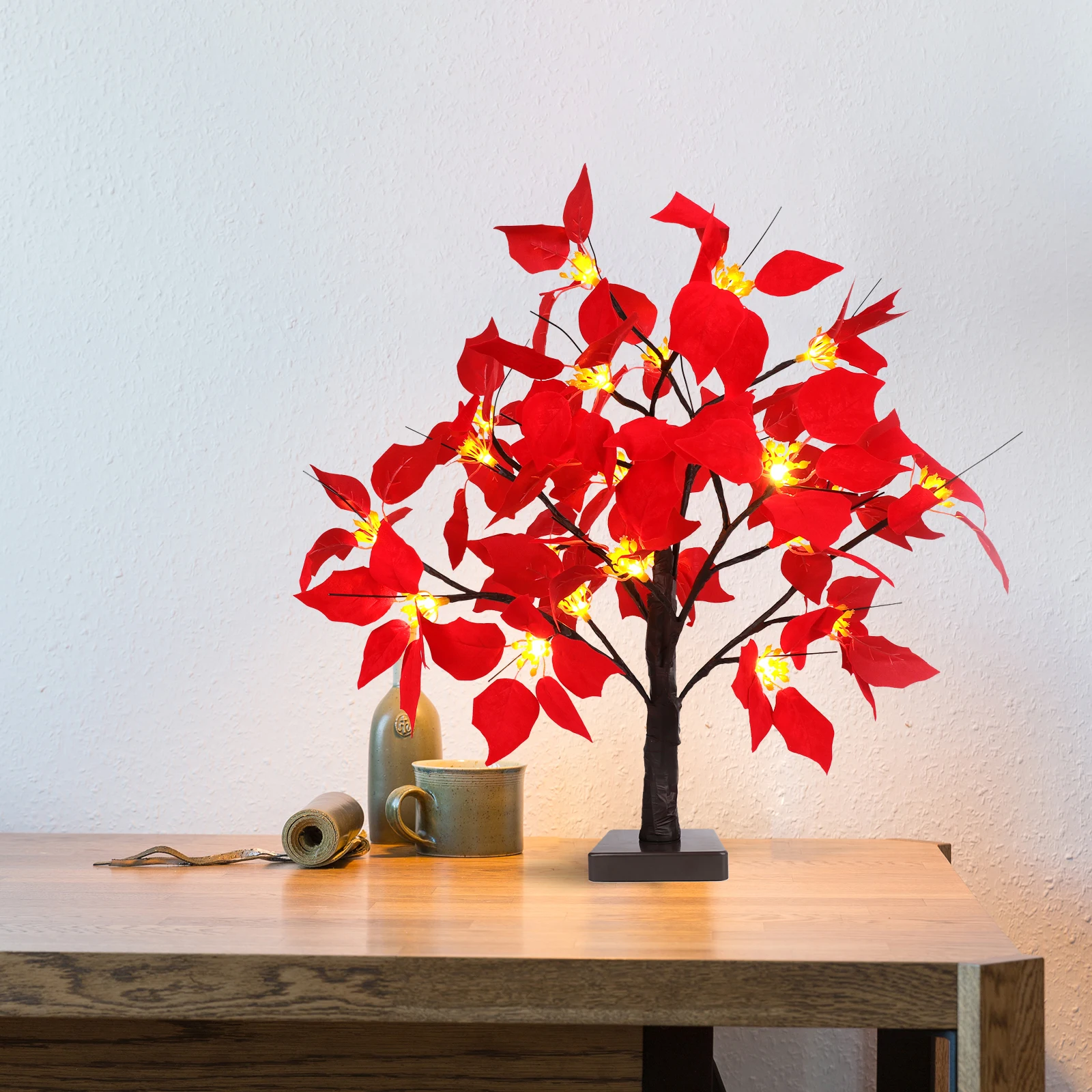 LED Poinsettia Tree Simulation Flowers Holiday Gifts Table Lights Creative Adornment Christmas 50cm For Home Decoration