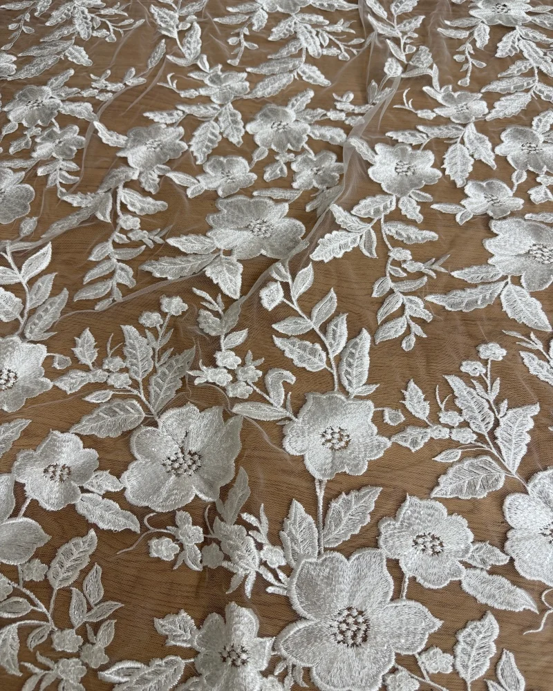 Flora New Style Off-White Embroidery Tulle Mesh French Wedding Dress Lace Fabric One Yard