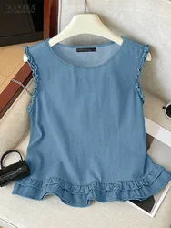 ZANZEA Ruffled Edge Korean Fashion Tank Tops Solid Color Sleeveless O Neck Elegant T-shirts Summer 2024 Women Casual Blouses