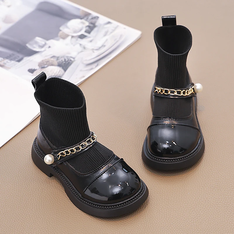 Girls Fashion Boots 2024 Autumn Winter Kids Socks Boots Children Sock Shoes Classic Metal Chains Patchwork Princess Sweet Soft