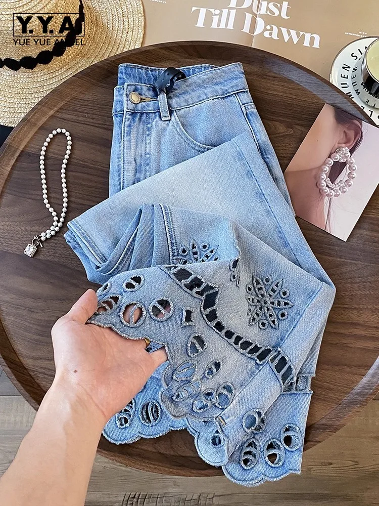

Autumn Women Flower Embroidery Hollow Out Retro Denim Pants High Waist Streetwear Wide Leg Jeans Loose Fit Casual Long Trousers