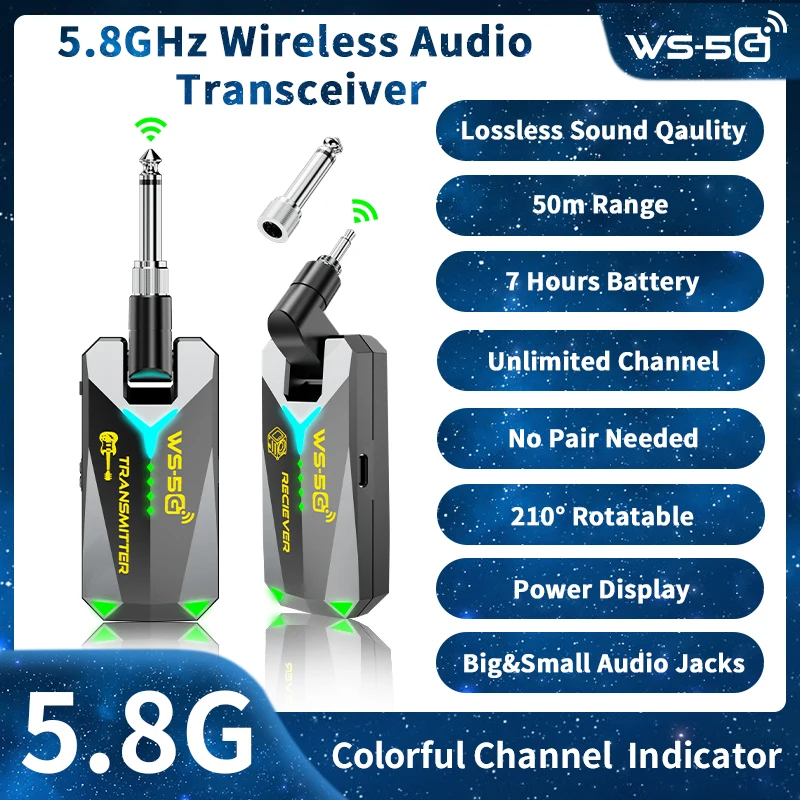 JAMJUM WS-5G 5.8GHz Wireless Audio Transmitter and Receiver, No Pairing Required 6.35/3.5 Rotatable Audio Jack
