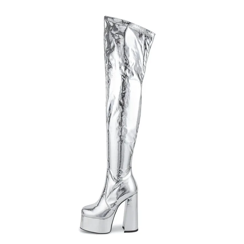 

Arden Furtado 2024 Winter Metal leather Round head waterproof platform side zipper ultra-high heel knee boots Pole dancing boots