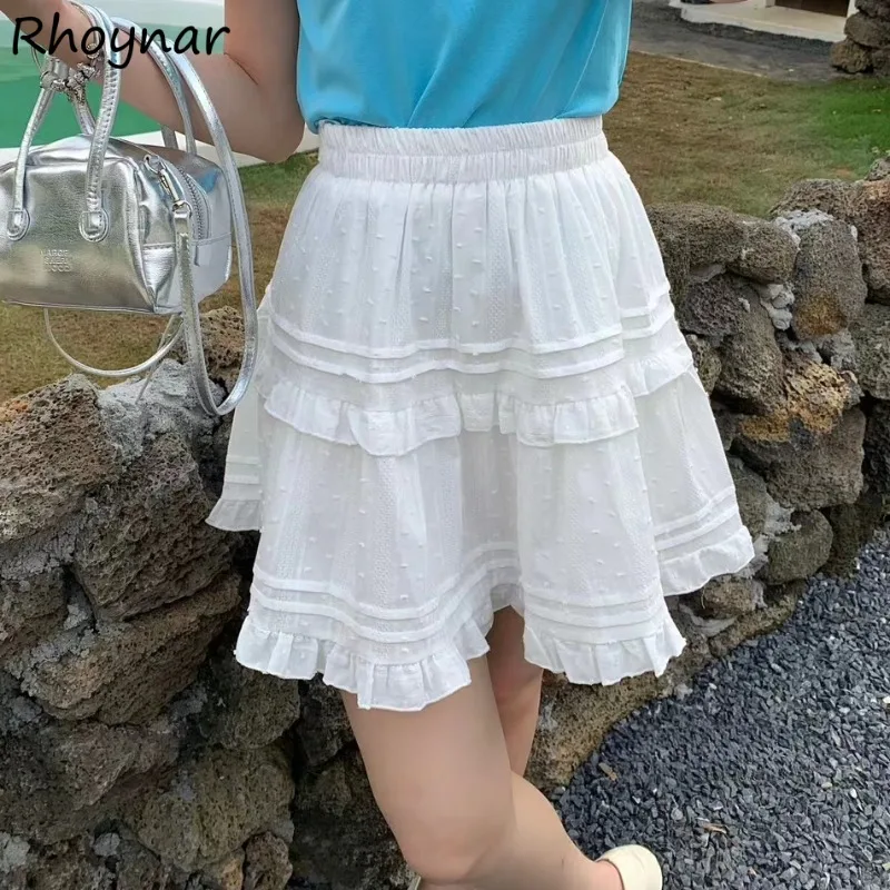 Solid Skirts Women Ulzzang Mini Ruffles Elastic Waist Slim Anti-glare All-match Daily Casual Streetwear Lovely Students Summer