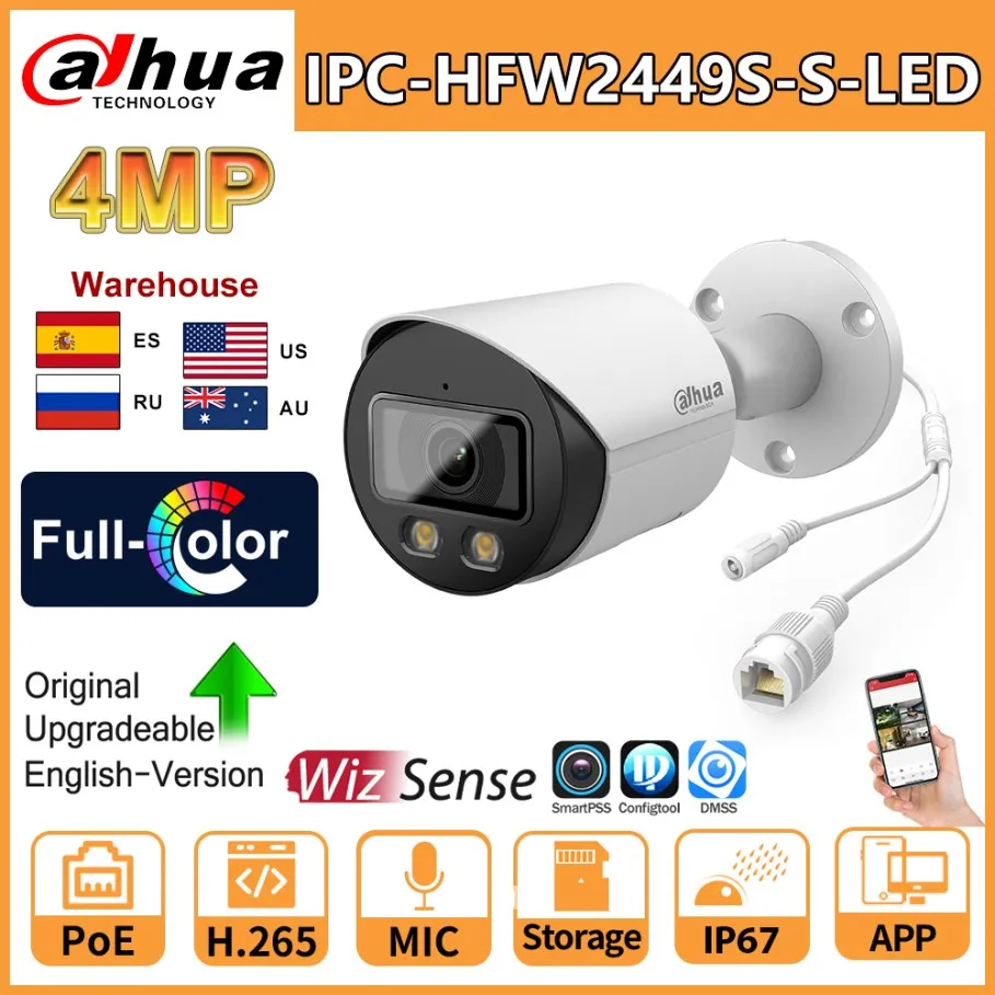 Dahua IP Camera 4MP IPC-HFW2449S-S-LED Full-Color Bullet POE Camera Built-in Mic SD Card Slot WizSense Video Surveillance IP67